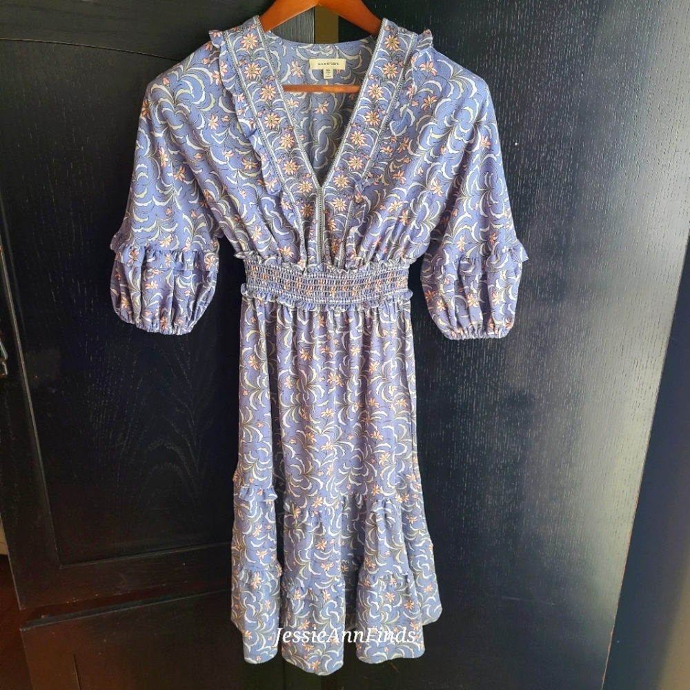 Max Studio Blue Pink Floral Ruffle Tiered Dress Size XS